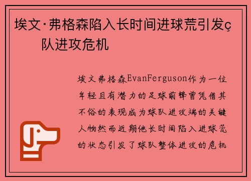 埃文·弗格森陷入长时间进球荒引发球队进攻危机