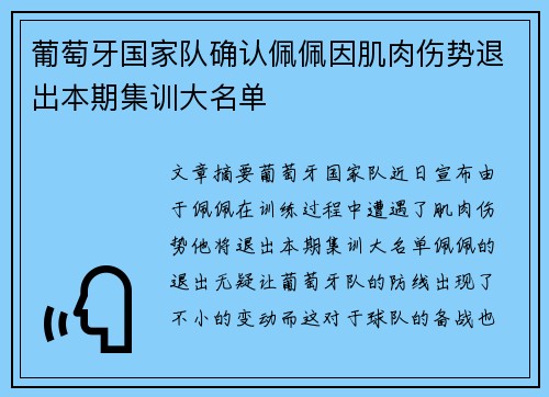 葡萄牙国家队确认佩佩因肌肉伤势退出本期集训大名单